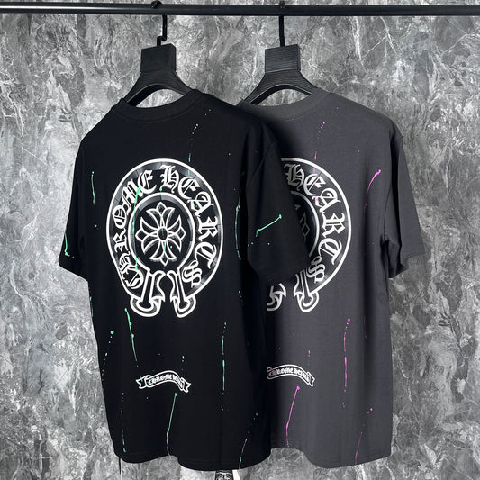 CHH Chrome Heart T Shirts Cross Leather Print Short Sleeve T-Shirt Loose