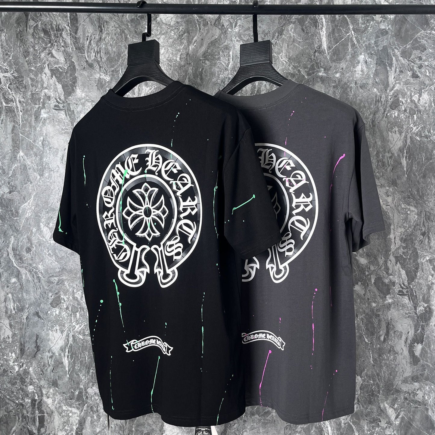 CHH Chrome Heart T Shirts Cross Leather Print Short Sleeve T-Shirt Loose