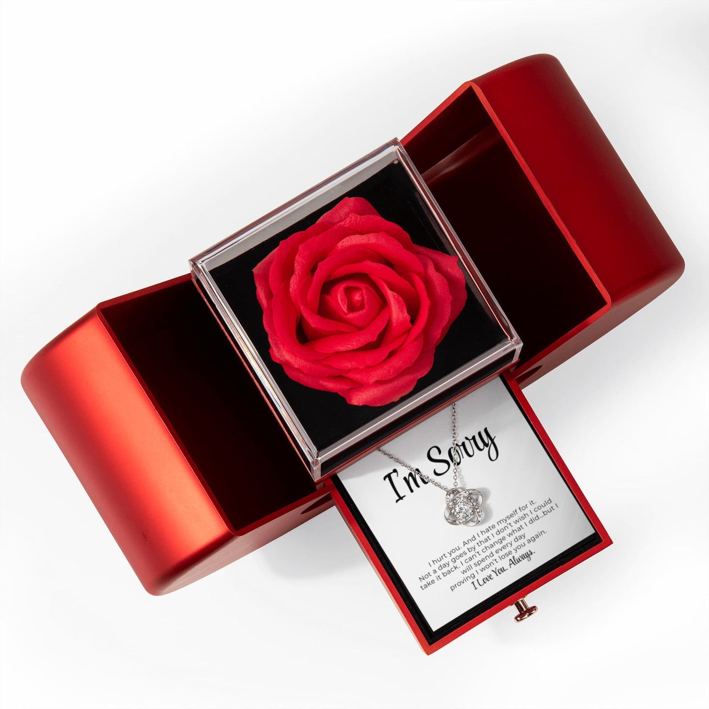 Apology Gift For Her - Love Knot Necklace with Red Heart Rose Box